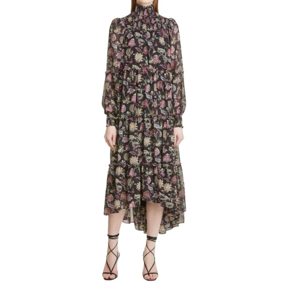 cinq a sept Paisley Long Sleeve Dress Black Size 6 High Low Hem Mock Neck - Picture 1 of 10